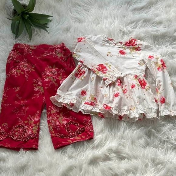 Room Seven Shabby Floral Swing Top Ruffle Pant Set Valentine's Day - Picture 1 of 2